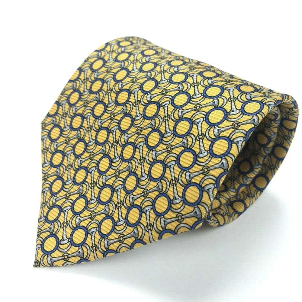 Brooks Basics Pure Silk Yellow Tie Silver Bridle Bits Blue Circles Men's Necktie